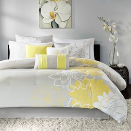 Madison Park Lola Sateen Cotton Comforter Set-Casual Medallion Floral Design All Season Down Alternative Bedding, Shams, Bedskirt, Decorative Pillows, King(104"x92"), Grey/Yellow, 7 Piece