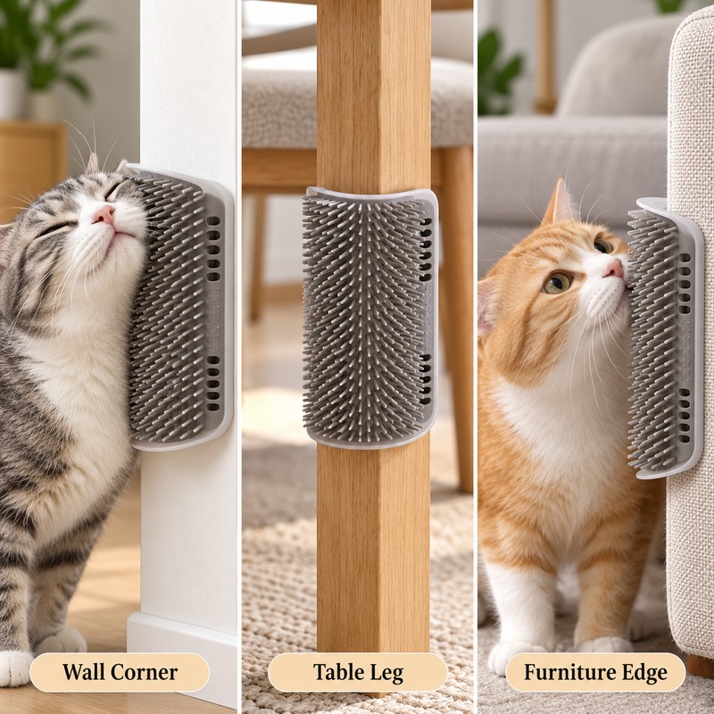 Wall Corner Cat Grooming Brush for Self-Grooming – Curved Massage