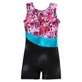 Spring Colorful Ribbons Pink Leopard Shiny Gymnastics Biketard for Little Girl (120(5-6Y), Pink leopard)