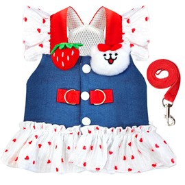 Small Dog Harness and Leash Set Denim Cat Harness Dress for Puppy Clothes for Girls Pink Dog Birthday Dress French Bulldog Harness with Strawberry Bear Decoration