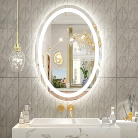 OKPAL Oval LED Bathroom Mirror 20x28, Lighted Vanity Mirror for Wall, Oval Lighted Bathroom Mirror, Anti-Fog, Shatter-Proof, Dimmable, Memory, 3 Colors (Front Lights + Backlit)