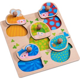 HABA 304589 Gripping Puzzle Colourful Animals, 5-Piece Wooden Puzzle with Animal Motifs and Non-Slip Wooden Buttons, Wooden Toy from 12 Months
