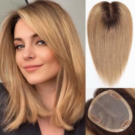 starluck Toppers for Women Real Human Hair Toppers for Women with Thinning, 5.5"*5" MONO Large Base,56g Hand-woven,Gray Hair Roots,High Volume, Ombre Ash Blonde