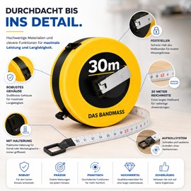 XXL Metro a nastro con capsula 30 metri con supporto - robusto nastro metrico & bandmass per misurazioni precise con fermo - nastro metrico avvolgibile & massband con sistema di avvolgimento (30 metri