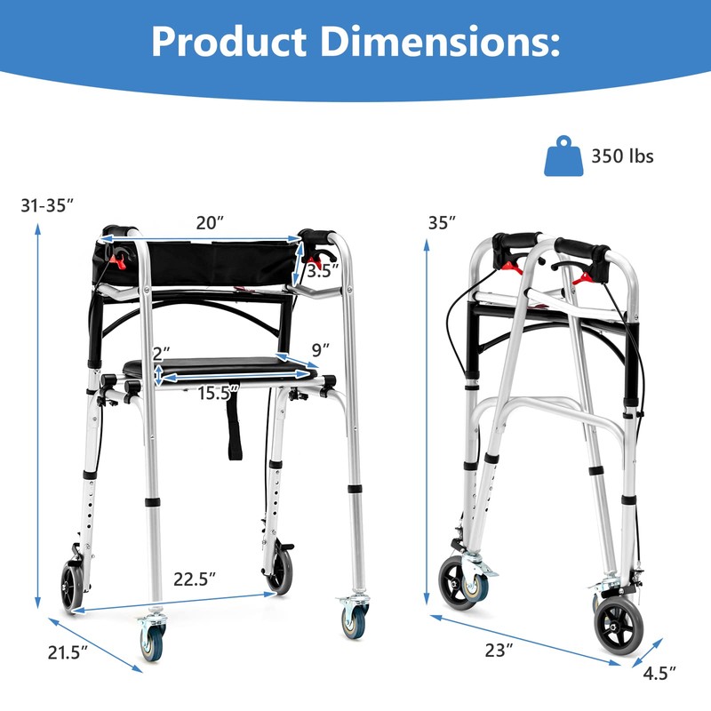 GYMAX Walkers for Seniors, 2-Button Folding Walker with 5 Inches
