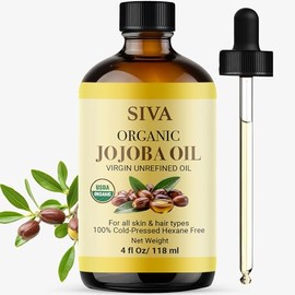 Siva Jojoba Organic Oil 4oz (118ml) Premium Cold-Pressed Organic Carrier Oil with Dropper for Face, Skin Care, Body Massage, Hair Care, Hair Oiling & Scalp Massage