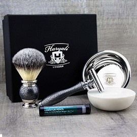 4 Piece Vintage Style Shaving Set - Synthetic Badger Shaving Brush & De Safety Razor, Stainless Steel Bowl & Premium Soap + Aluminium Stick Perfect set for wet shaving - a great gift for him!