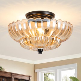 JERANDO Semi Flush Mount Ceiling Light, Modern Ceiling Light Fixture with Amber Glass, Vintage Indoor E26 Kitchen Lighting for Closet, Porch, Corridor, Hallway, Bedroom