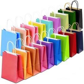 Slivax 36 Packs Paper Gift Bags with Handles,8.3"x4.75"x10.6"Medium Size Kraft Paper Bags Bulk,18 Premium Colors,Attached with Two Types of Stickers Totaling 36 Packs.for Kids Birthdays,Party,Celebrations,Retail,Weddings,and Crafts