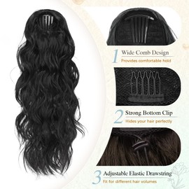 SOFEIYAN Drawstring Ponytail Extension 24 Inch Wavy Curly Clip on Hairpiece Comb Clip in Ponytail Extensions Layered Fluffy Thick Pony Tails Hair Extension Synthetic Hairpieces for Women-Natural Black