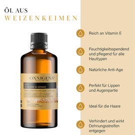 Oxxigena - 100% reines Weizenkeimöl, 1000 ml Packung, Ideal als Körperöl gegen Dehnungsstreifen, Anti-Falten-Gesichtsbehandlung und Behandlung von schwachen Haaren