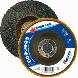 Weiler 51105 4" Tiger Paw Abrasive Flap Disc, Conical (Ty29), Phenolic Backing, 60Z, 5/8" Arbor Hole (Pack of 10)
