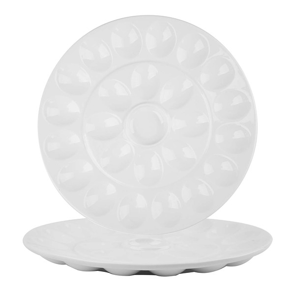 Foraineam 2 Pack 12.6 Inches Porcelain Deviled Egg Tray/Platter, White Egg Dish with 25 Compartments