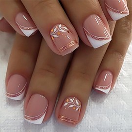 IMSOHOT Press on Nails Short Square Fake Nails with Pink Glitter Designs White French Tips False Nails Full Cover Leaf Glue on Nails Glossy Acrylic Nail Supplies