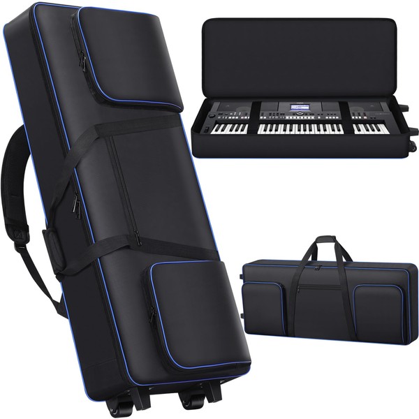 61 key Keyboard Case with Wheels (Interior Size: 40.5" * 16.5" * 5.5") | 61 Key Keybpard Piano Bag Thick Padded Case | 61 Key Keyboard Rolling Bag Keyboard Case Roller Bag with 3 Poskets (Black)