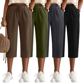 Neer 4 Pack Women's Capri Pants, Cotton Drawstring Yoga Capri Sweatpants Summer Lounge Loose Fit Cropped Pants with Pockets(Black, Dark Heather Gray, Army Green, Coffee,XX-Large)