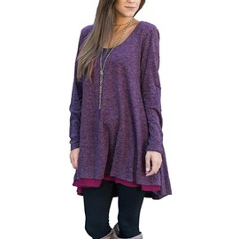 Poetsky Tunic Shirts for Leggings Chiffon Hem Long Sleeve Layered Swing Flared Top Blouse (M, Purple)