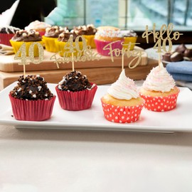48 piezas de adornos para cupcakes de 40 cumpleaños, con purpurina Hello 40 cupcakes, 40 fabulosas púas para decorar tartas para feliz cumpleaños 40, boda, aniversario, fiesta, suministros de decoración de pasteles, color champaña dorado