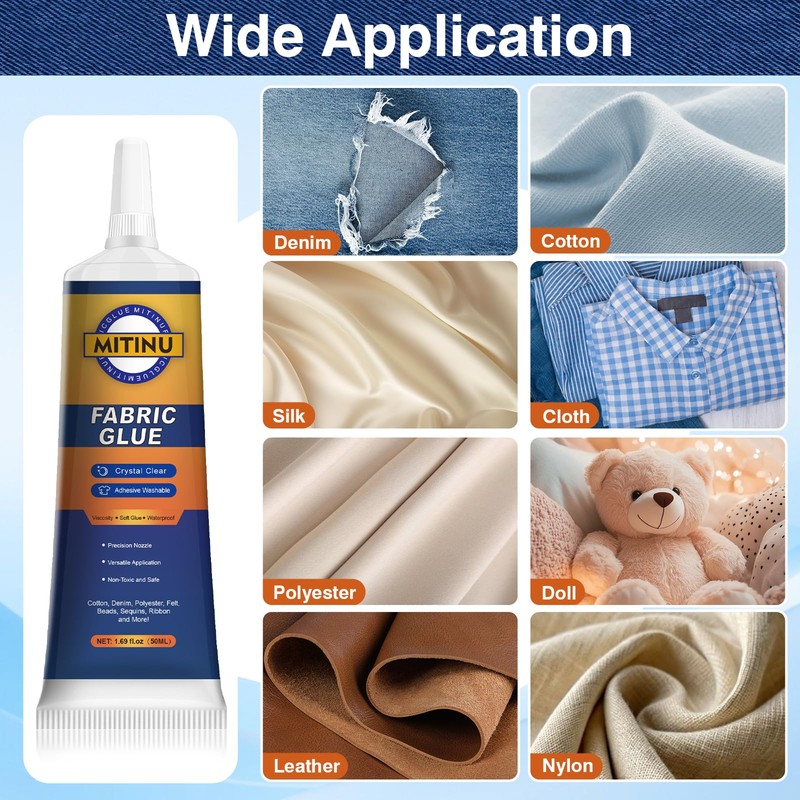 MITINU Fabric Glue Permanent, 3Pcs 50ML Washable Clear Clothing Glue