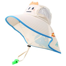 Oerphh Kids Dinosaur-Themed Sun Hat with Neck Flap, UV Protection Summer Cap with Wide Brim, Breathable Mesh & Chin Strap, Dinosaur Bucket Hats, Adjustable Outdoor Hat for Girls & Boys Aged 3–8 White