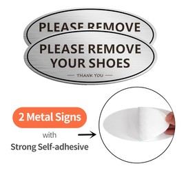 Please Remove Your Shoes Sign, Remove Shoes Sign for Front Door, (2 PACK) Self-adhesive 7 x 3 Inch Metal Signs for Home and Business Wall (Brushed Aluminum)