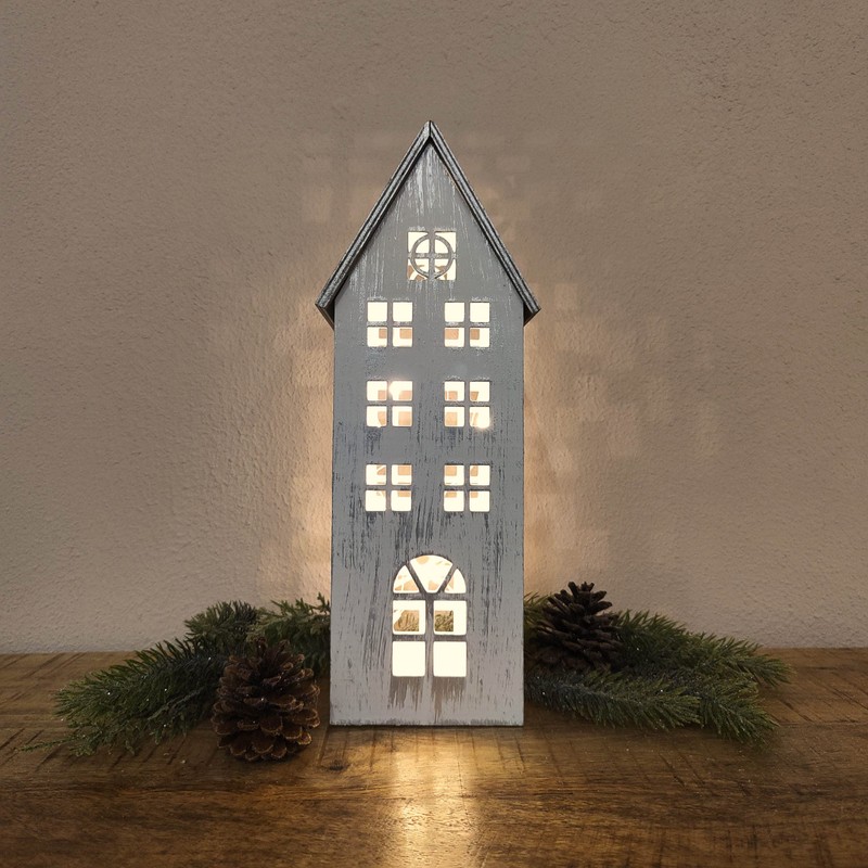 DARO DEKO Wooden LED House White Silver