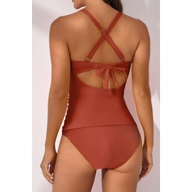 B2prity Women's Ruched Tankini Swimsuits V Neck Wrap Tie Back Two Pieces Bathing Suit Tummy Control Swimwear(Reddish Brown)