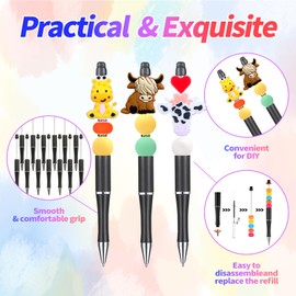 Liplustoyi 200 Pieces DIY Beadable Pens Kit - 50 Plastic Beadable Pens Bulk with 50 Lobster Clasps, 50 Refills & 50 Pen Bags Included - Ballpoint Pens for Students Teacher(Black)