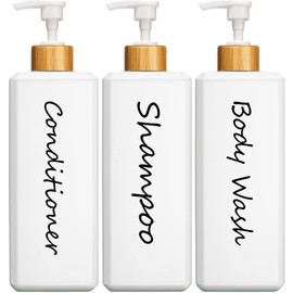 GMISUN Shampoo and Conditioner Dispenser, Refillable White Shampoo and Conditioner Bottles with Bamboo Pump, Modern Bathroom Shower Bottles Set for Shampoo Conditioner Body Wash, 3 Pack