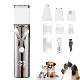 Meecioo Dog Grooming Kit with LCD Display, 4 in 1 Dog Hair Trimmer for Paw Nail Grinder, Rechargeable Cordless Pet Cat Clippers, Professional Pet Paw Trimmer Nail Grinder Low Noise. Gray