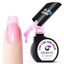 Gelike EC Nail Glue Gel 6 in 1 for Press-On Nails and Nail Tips Long Lasting Extension Strong Hold Brush-On UV Adhesive for Acrylic Tips Quick Dry Low-Odor No Pop-Off DIY at Home & Salon Art Use