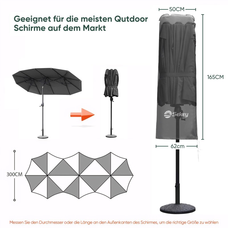 Sekey Double Parasol Protective Cover, Cover for Parasol, 165 x