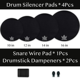 Drum Mute Pads Set 4 Pieces, Drum Silencer Pads Fit 10", 12", 14", 16" Drum, with Snare Wire Pad and 2 Pieces Drumsticks Tips
