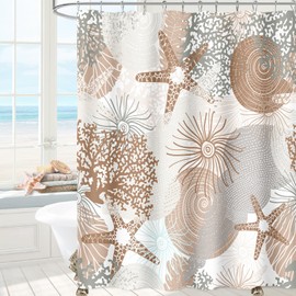 MAYZUS Beach Ocean Themed Shower Curtain, Brown Cute Nautical Coastal Shower Curtains for Bathroom Decor, Summer Tropical Seashell Starfish Coral Fabric Shower Curtain Set with Hooks, 72x72