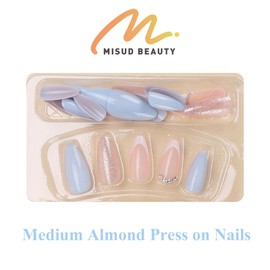 MISUD Press on Nails Medium Almond Fake Nails Glossy Glue on Nails Summer Blue Acrylic Nails Stiletto Artificial Nails Bing Glitter Stick on False Nails with Rhinestone Design 24 pcs