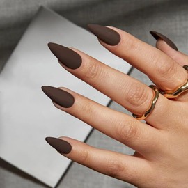 Matte Brown Press on Nails Almond Shaped 48Pcs Neutral Fake Nails for Women, Medium Almond Nails Press on Reusable Acrylic Nails Glue on Medium Length Stiletto False Nails Gel Artificial Nails