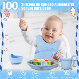 Platos para Bebé Silicona, 12Piezas Set de Vajillas Silicona de Alimentación Complementaria Bebé con Ventosas, Baberos Ajustable, Taza Aprendizaje, Sin BPA, Fácil de Limpiar, Regalos para Bebé(Azul)