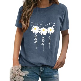 Women Crewneck Daisy Print Short Sleeve T-Shirts Summer Faith-Hope-Love Raglan Sleeve Tees Loose Fit Graphic Tops 2024
