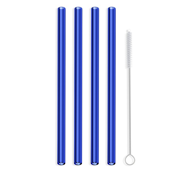 Hummingbird Glass Straws 9 inches x 9.5mm Reusable Straws (4 Pack of Blue)