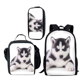 Beauty Collector Backpacks Set Husky Dog Print Cute Bookbags Lightweight with Lunchbag and Pencil Case
