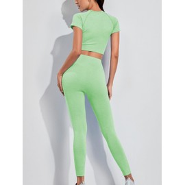 SHEKINI Seamless Tracksuit for Women 2 pcs Outfits Workout Joggers High Waist Leggings Yoga Short Sleeves Crop Tops Gym Sets