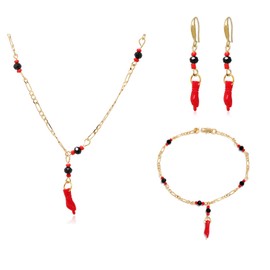 Caiyao Azabache Hand Figa Charm Stainless Steel Link Chain Bracelet Pendant Necklace Drop Dangle Earring Set for Women Men Kabbalah Amulet Protection Good Luck Jewelry-B red