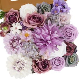 CEWOR Artificial Flowers Purple Flowers Mix Silk Flowers Dahlia Roses for DIY Bridal Wedding Shower Decoration Floral Arrangements for Table Centerpieces Party Home Decor Indoor Outdoor Purple-White
