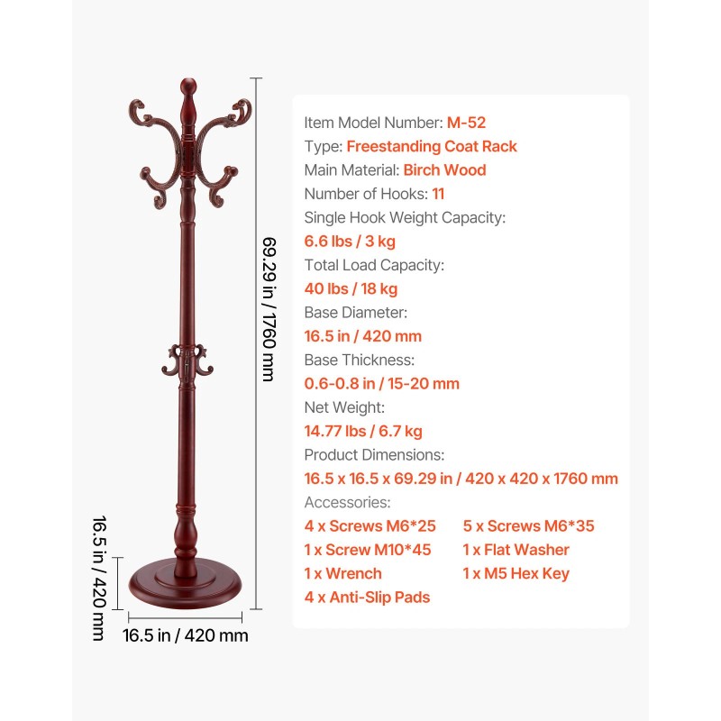 VEVOR Freestanding Coat Rack Wooden Coat Tree with Stable Large