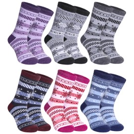 SDBING Kids Merino Wool Hiking Socks Toddlers Wool Boys Girls Warm Boot Cozy Thick Thermal Winter Crew Socks 6 Pairs (8-12 Years, Snowflake)