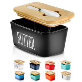Hasense Butter Dish with Lid, Ceramic Butter Dish with Knife for Countertop, Airtight Covered Butter Keeper Container, Large Black Butter Holder for Refrigerator,Black