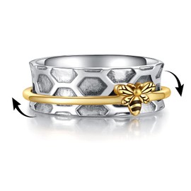 MANBU Sterling Silver Fidget Spinner Ring - Bee Anxiety Relief Meditation Spinner Ring Animal Stress Relieving Ring Jewelry Gift for Women Teens (8#)