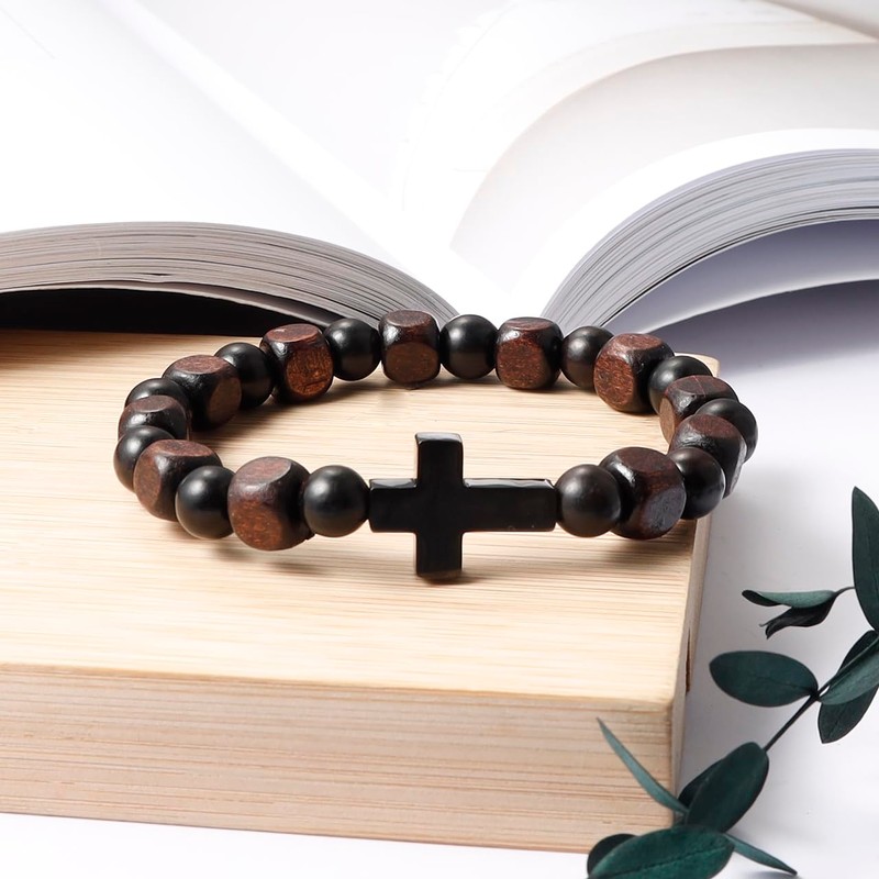 Eigso Black Onyx Beaded Cross Bracelet Christian Gift Rosary Beads