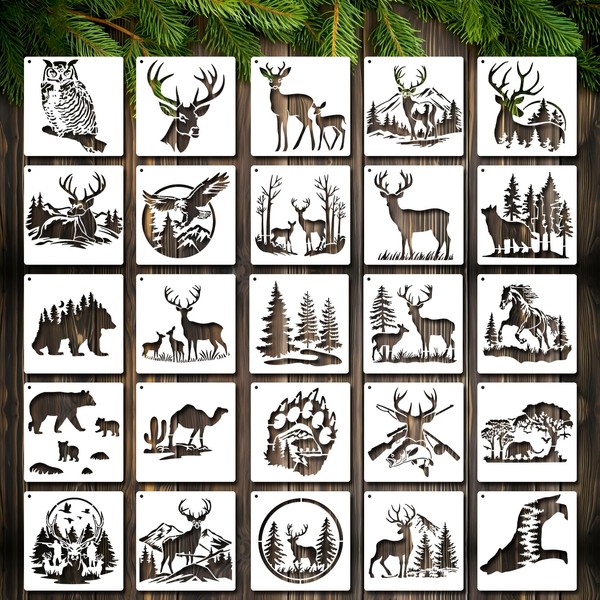 JSRQT 25Pcs Forest Animal Stencils for Painting,Reusable Nature Deer Tree