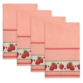 Cackleberry Home Strawberry Patch Jacquard Border Terry Kitchen Towels 17 x 27 Inches, Set of 4
